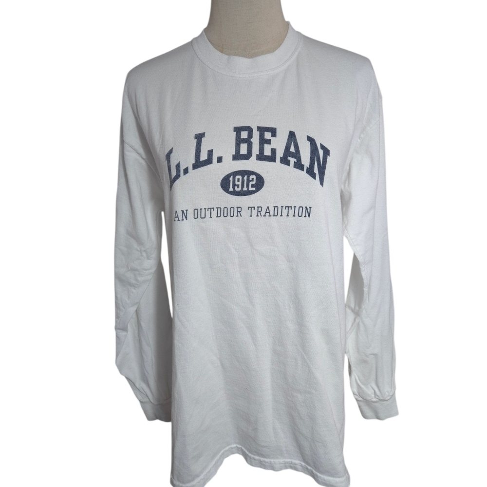 L.L. Bean White Long Sleeve Cotton Logo Shirt